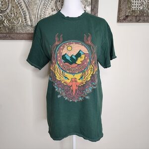 American Highway Dark Green Red Rhinestone Eagle Graphic Distressed T-Shirt Med